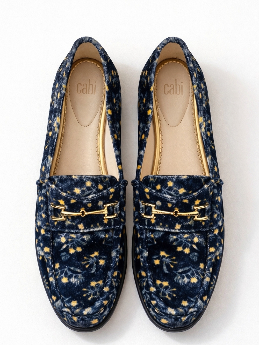Cabi Blue Velvet Floral Horsebit Loafers Gold Hardware Preppy Chic Flats 7